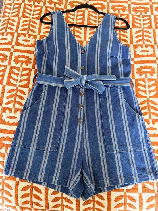 FRNCH Pants - FRNCH Blue Striped Denim Romper with Self-Tie Belt